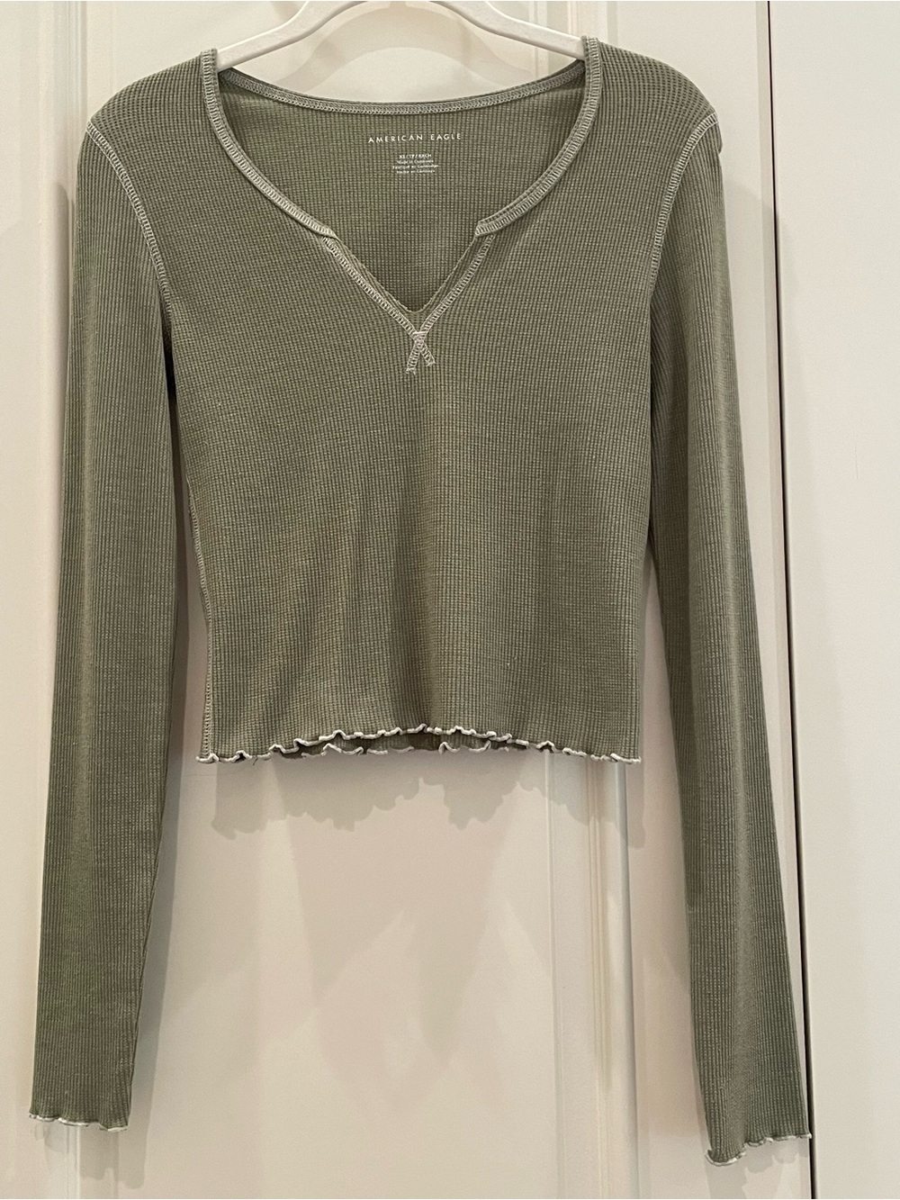 American Eagle Outfitters Sage Ribbed V-Notch Long Sleeve Top